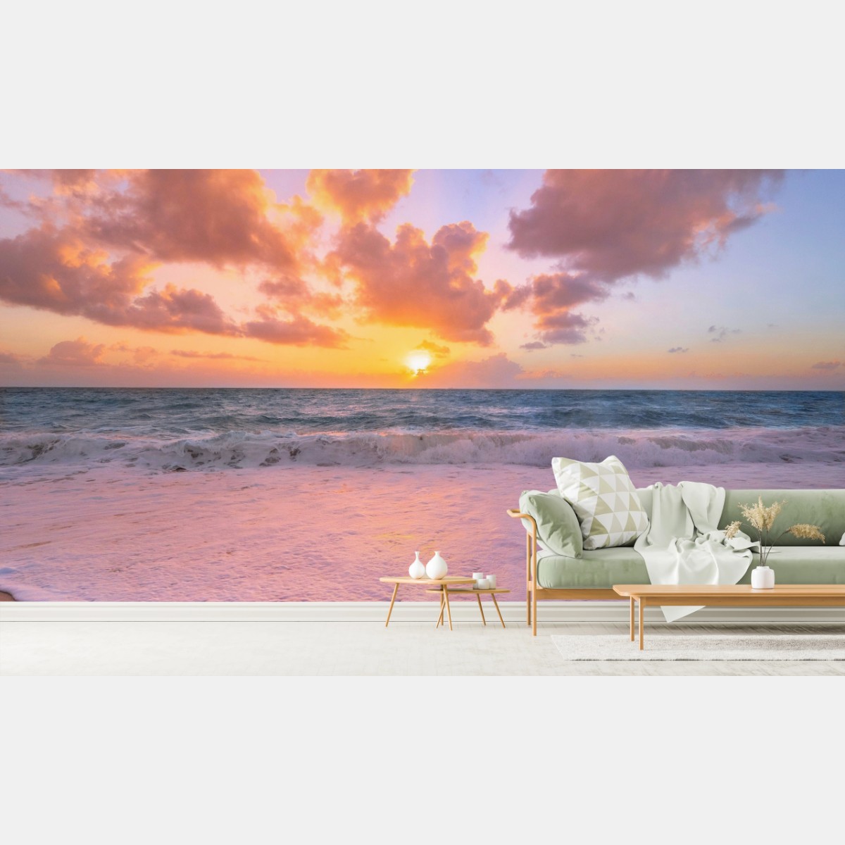 Fototapete sanfter rosa sonnenuntergang am strand – Pixers®