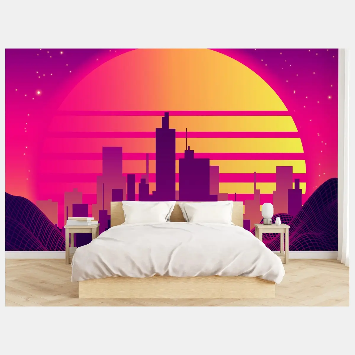 Fototapete neon-retro-stadtlandschaft mit raumschiff – Pixers®
