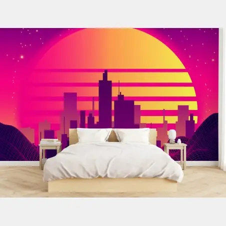 Fototapete neon-retro-stadtlandschaft mit raumschiff – Pixers®