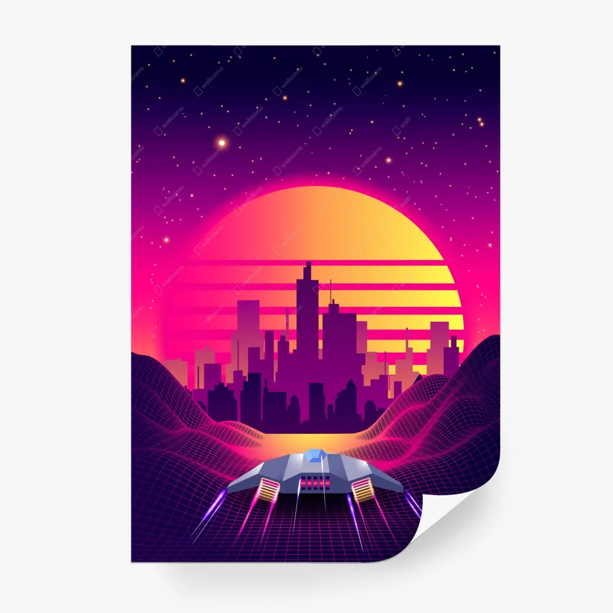 Fototapete neon-retro-stadtlandschaft mit raumschiff – Pixers®