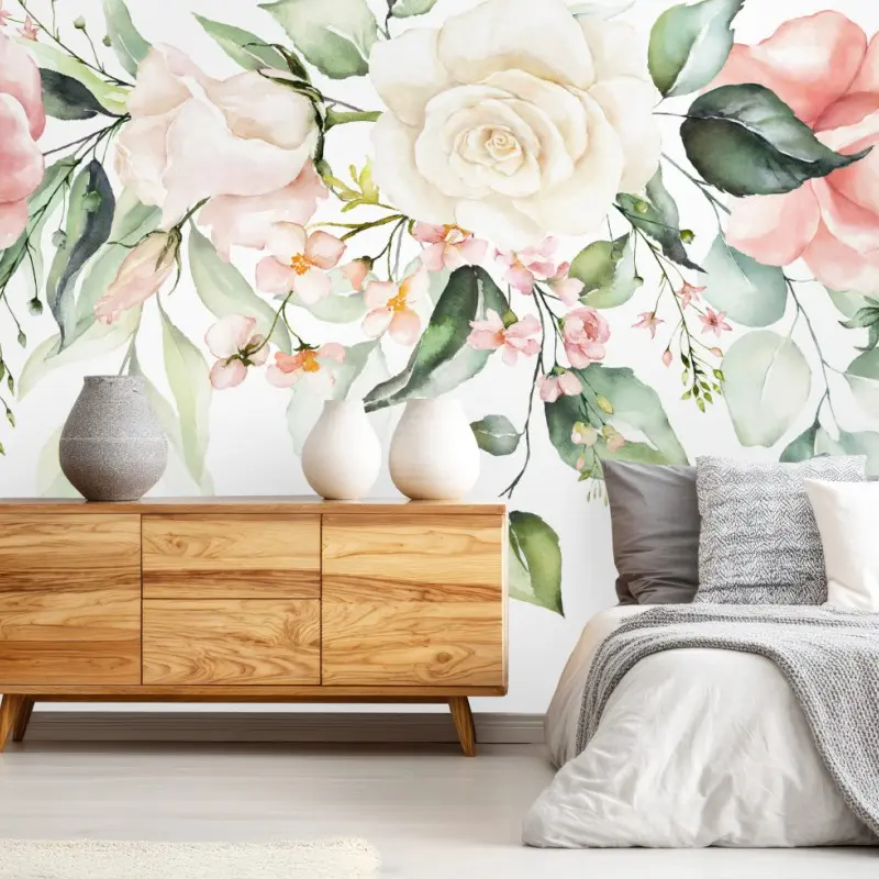 Fototapete zarte aquarellrosen mit eukalyptus