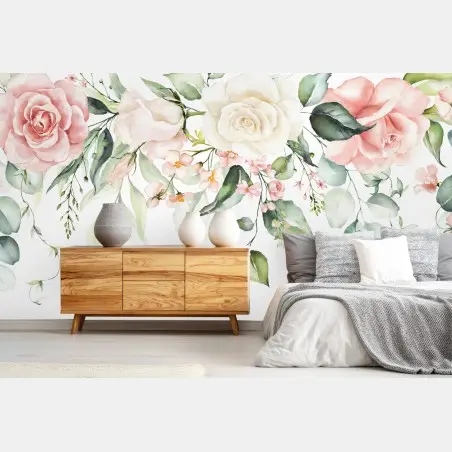 Fototapete zarte aquarellrosen mit eukalyptus – Pixers®