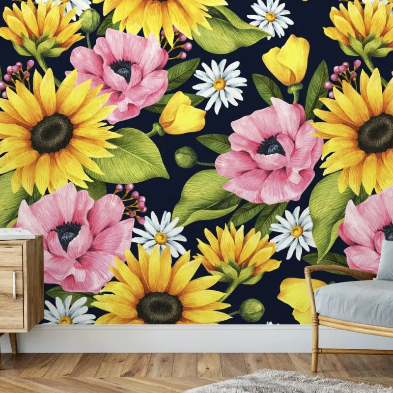 Fototapete leuchtendes blumenmuster mit sonnenblumen und mohn