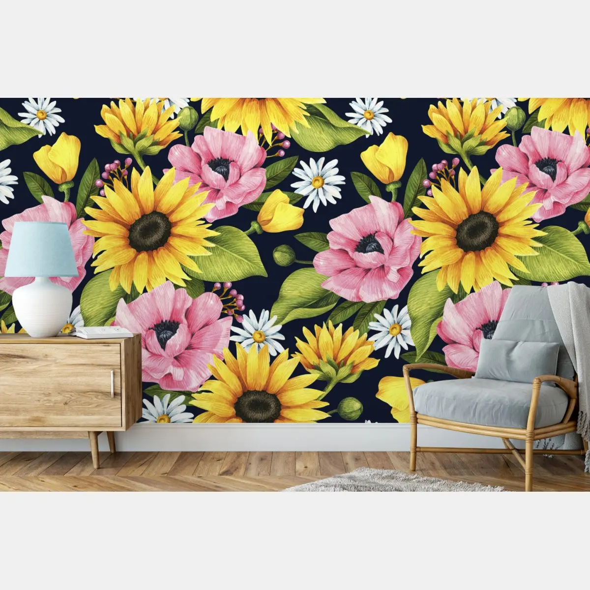 Fototapete leuchtendes blumenmuster mit sonnenblumen und mohn – Pixers®