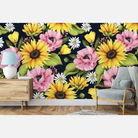 Fototapete leuchtendes blumenmuster mit sonnenblumen und mohn – Pixers®