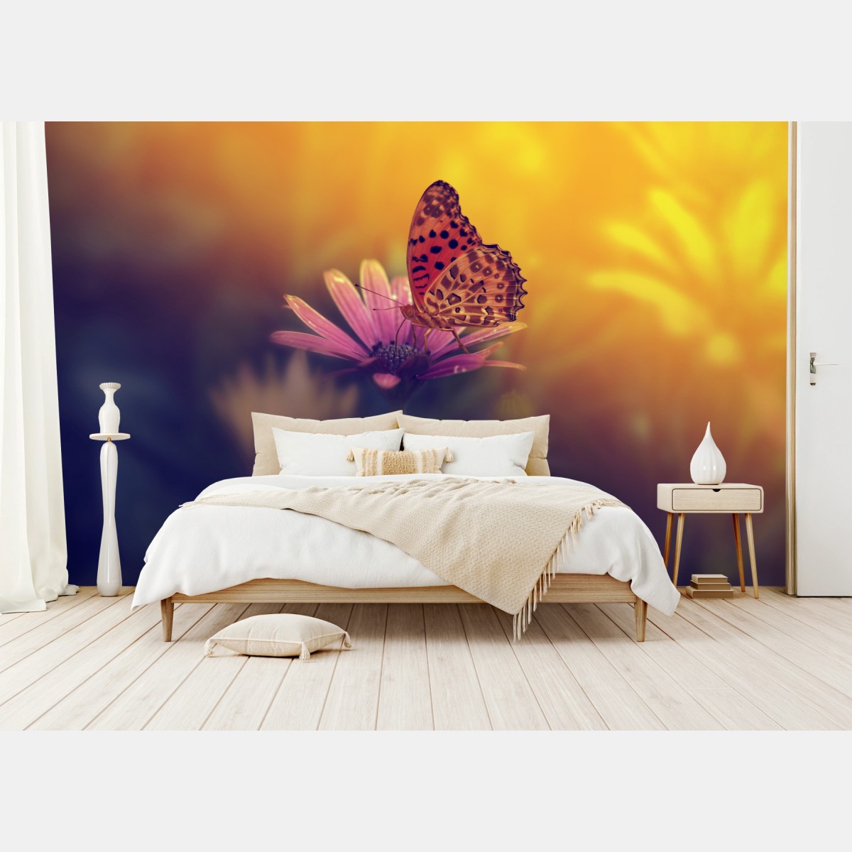 Fototapete goldener schmetterling auf rosa blüte – Pixers®
