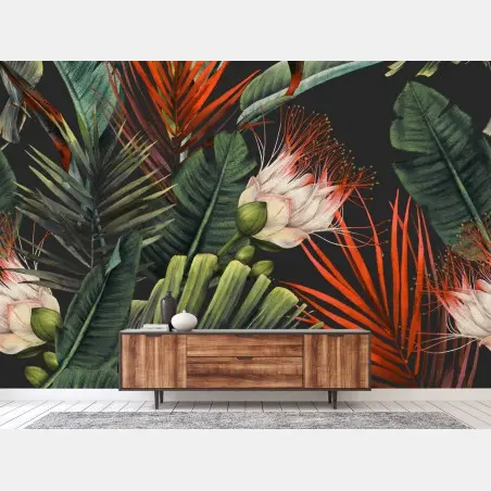 Fototapete tropisches aquarell-blumenmuster auf dunklem hintergrund – Pixers®