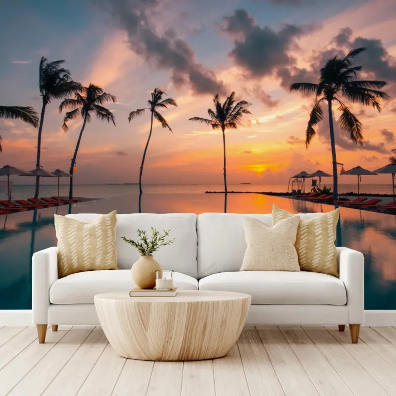 Fototapete tropischer sonnenuntergang über spiegelndem pool