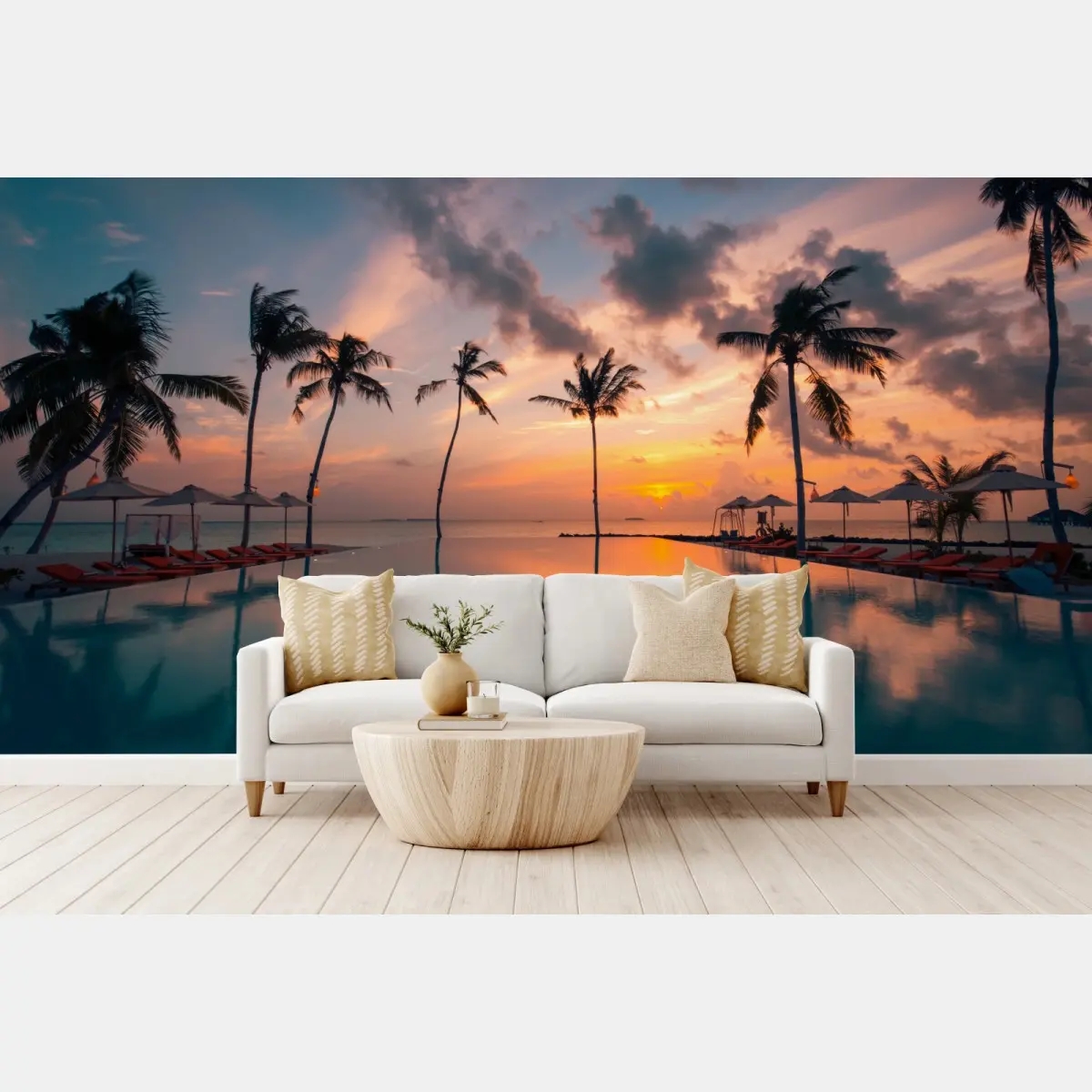 Fototapete tropischer sonnenuntergang über spiegelndem pool – Pixers®