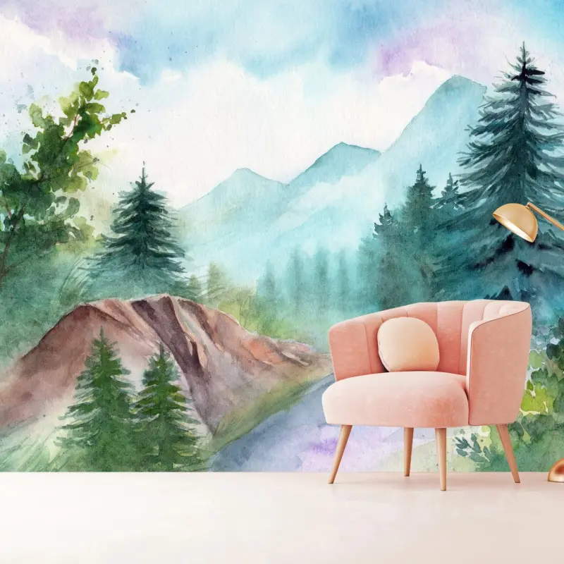 Fototapete neblige gebirgslandschaft in aquarell