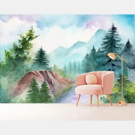 Fototapete neblige gebirgslandschaft in aquarell – Pixers®