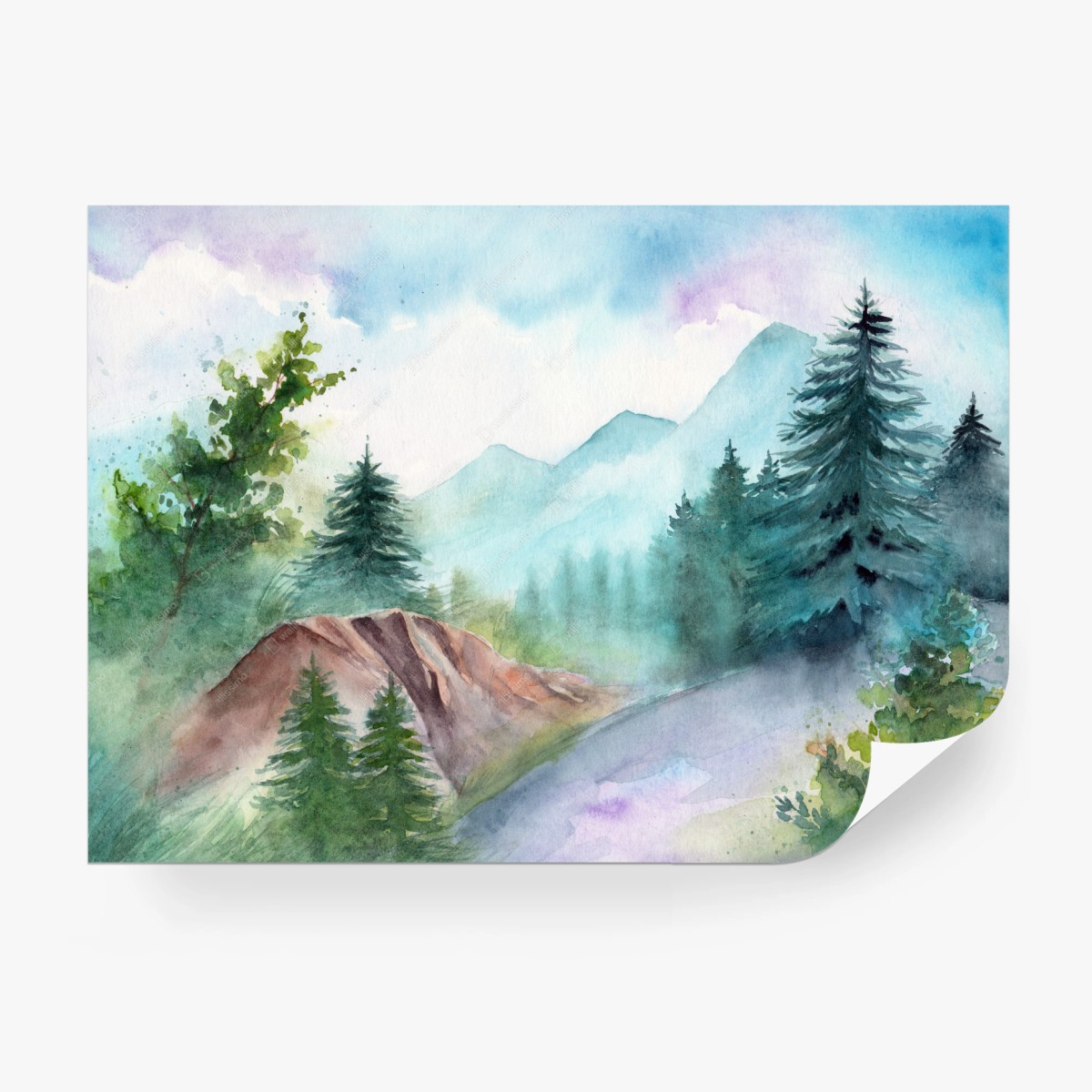 Fototapete neblige gebirgslandschaft in aquarell – Pixers®