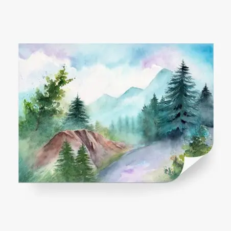 Fototapete neblige gebirgslandschaft in aquarell – Pixers®
