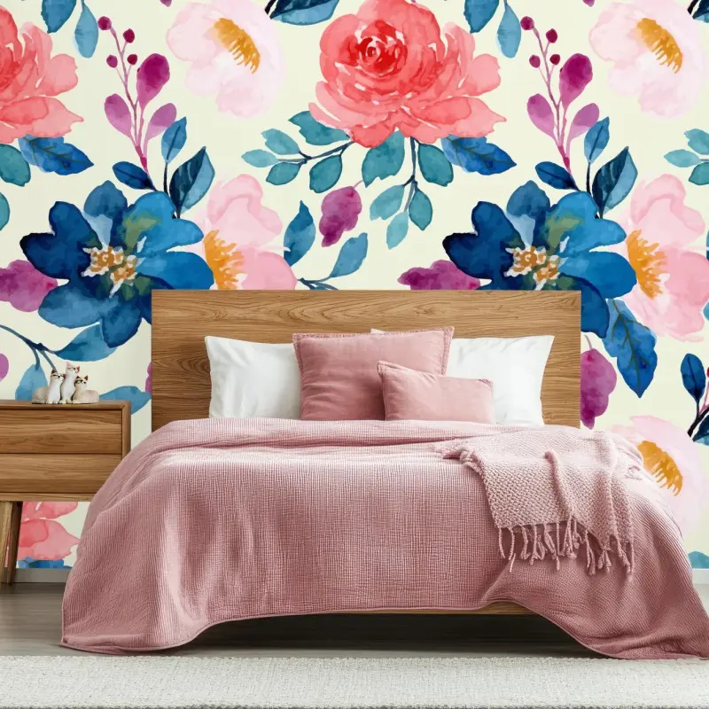 Fototapete aquarell blumenmuster mit rosen und blauen blüten