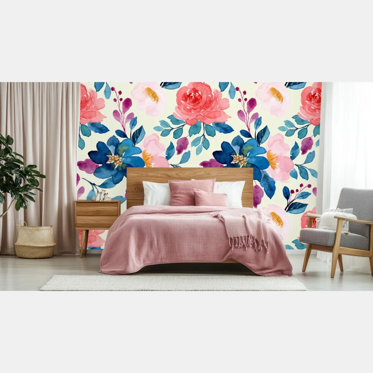 Fototapete aquarell blumenmuster mit rosen und blauen blüten – Pixers®