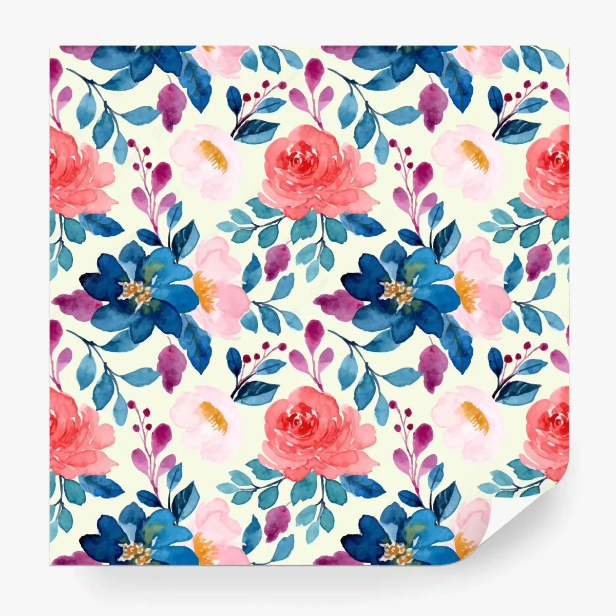 Fototapete aquarell blumenmuster mit rosen und blauen blüten – Pixers®