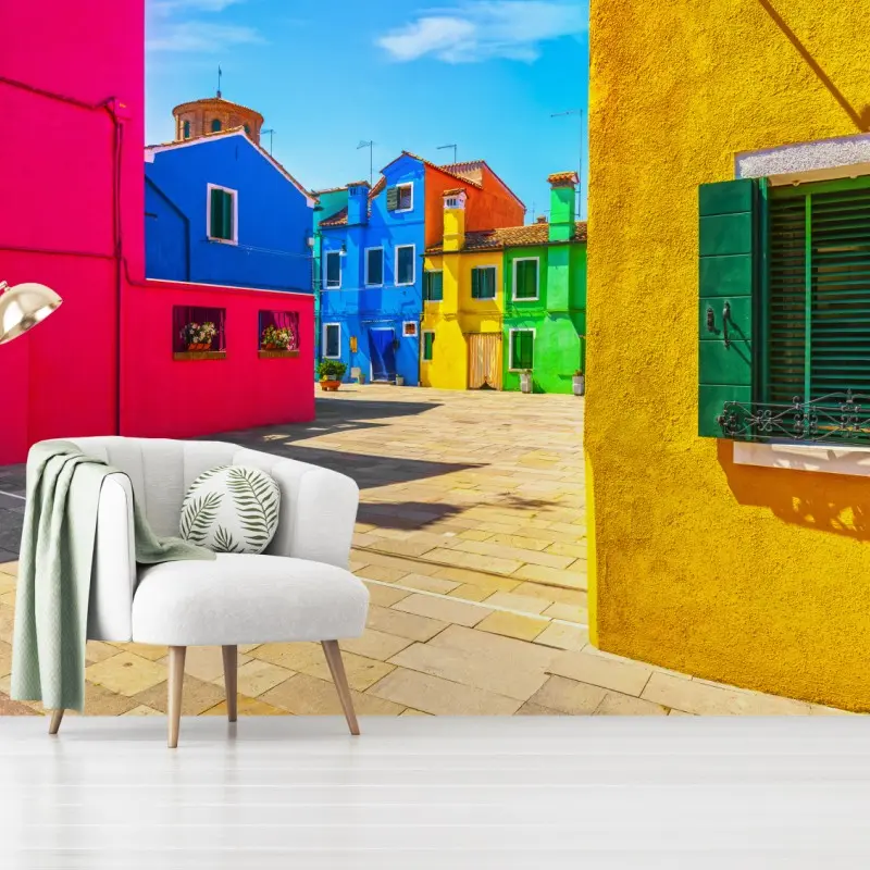 Fototapete bunte häuser am platz in Burano