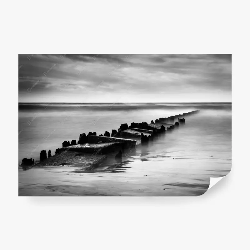 Fototapete minimalistische schwarzweiß-meereslandschaft, Mole an der Ostsee