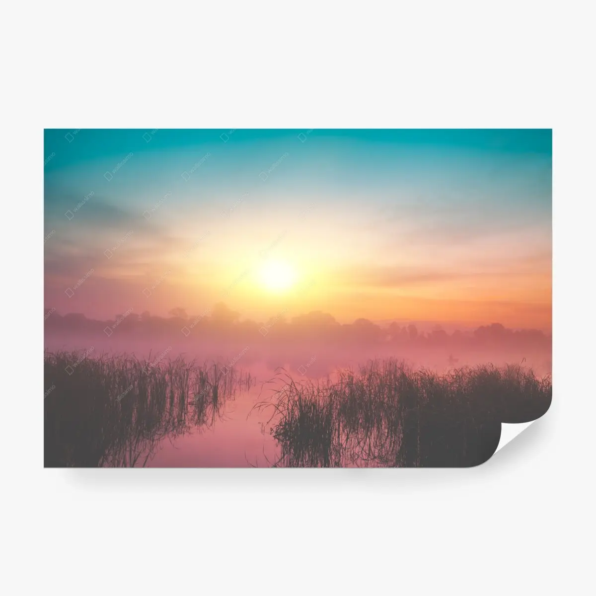 Fototapete nebeliger sonnenaufgang über stillem see – Pixers®