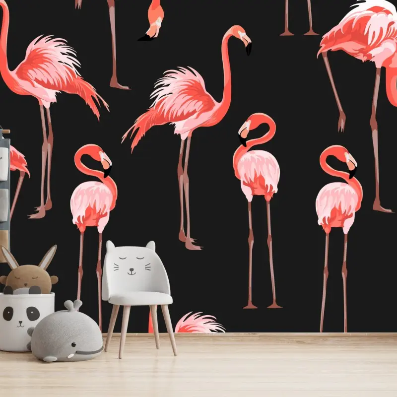 Fototapete rosa flamingo muster auf schwarzem hintergrund