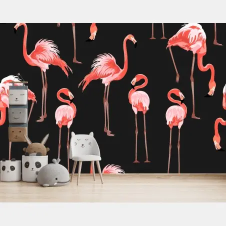 Fototapete rosa flamingo muster auf schwarzem hintergrund – Pixers®