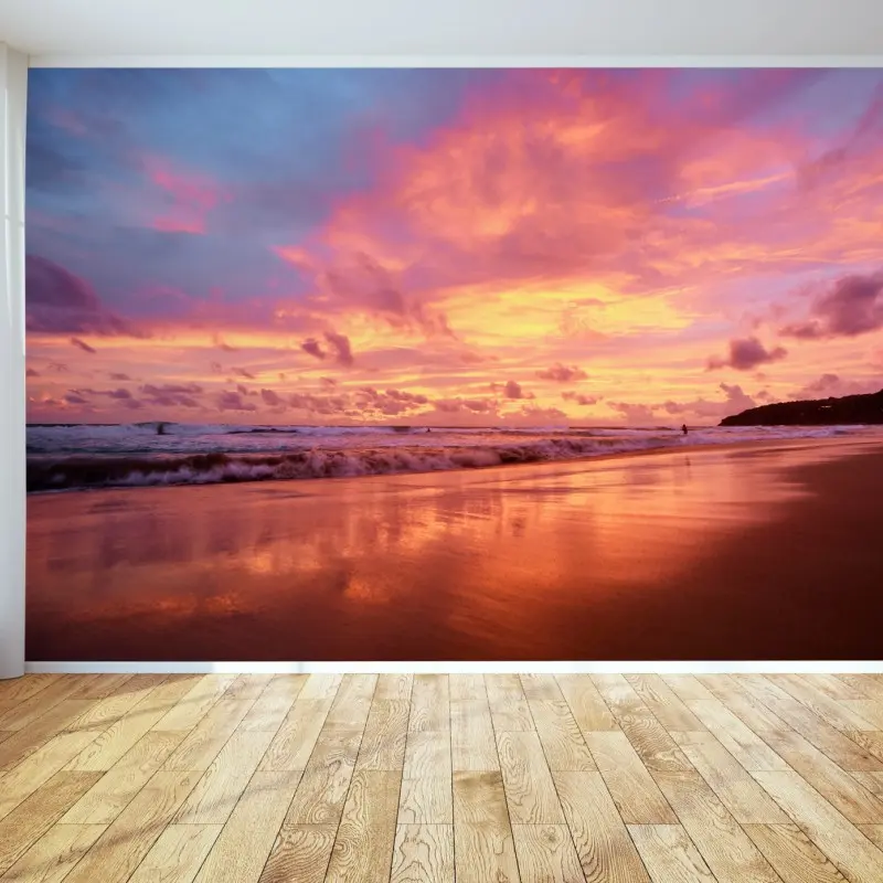 Fototapete sonnenuntergang am strand mit spiegelndem meer
