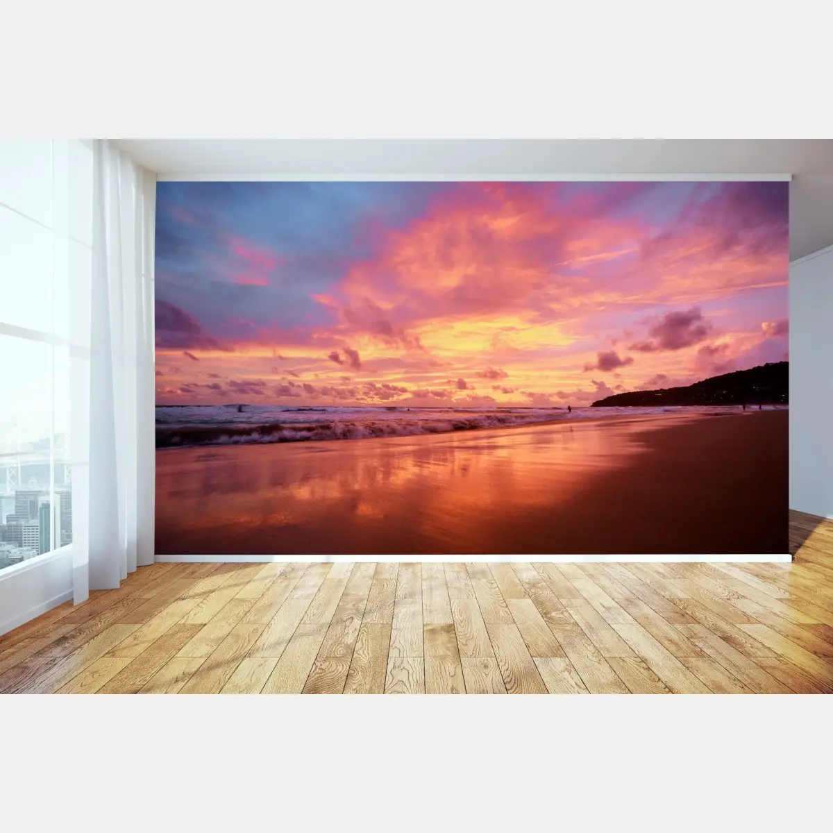 Fototapete sonnenuntergang am strand mit spiegelndem meer – Pixers®