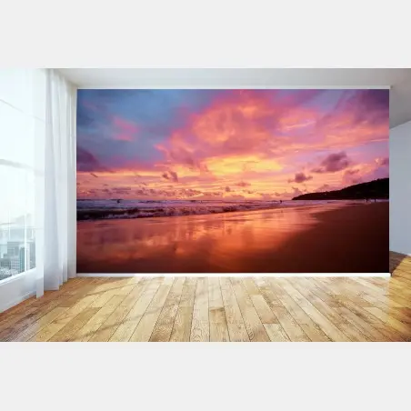 Fototapete sonnenuntergang am strand mit spiegelndem meer – Pixers®