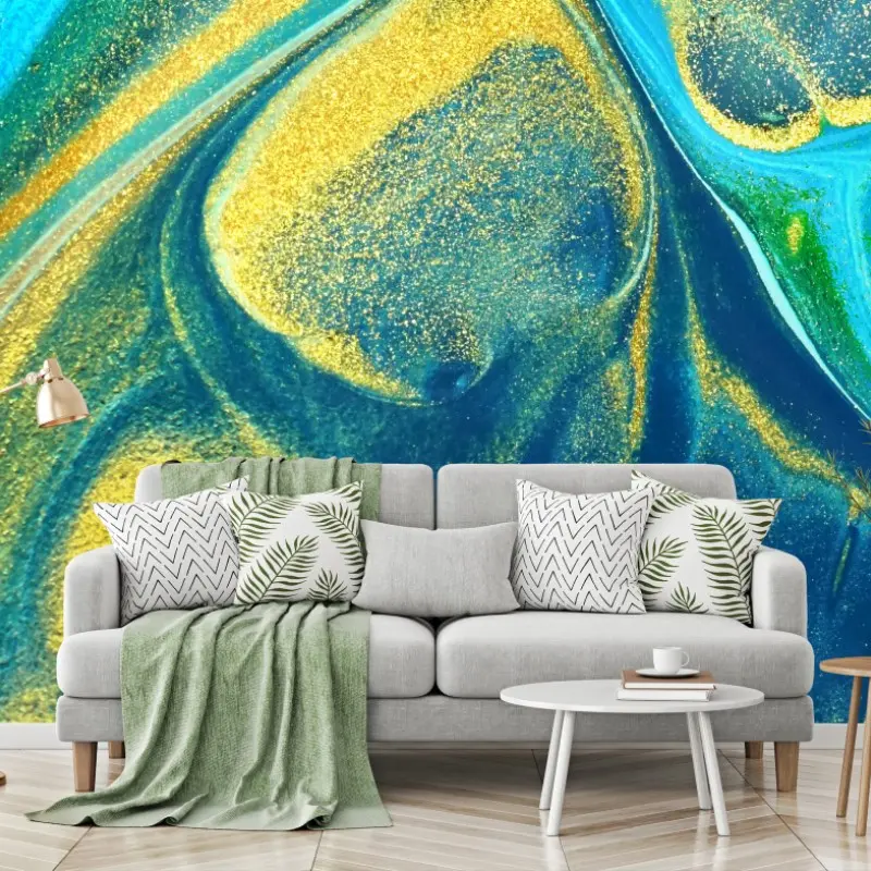 Fototapete blau-goldene fließende abstraktion