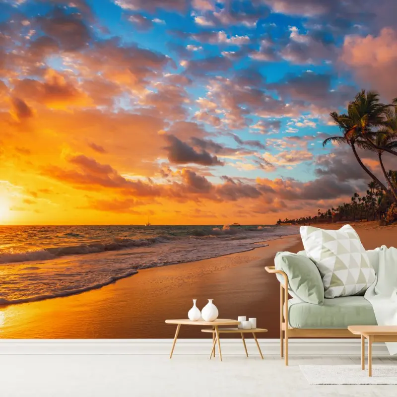 Fototapete goldener sonnenaufgang am tropischen strand
