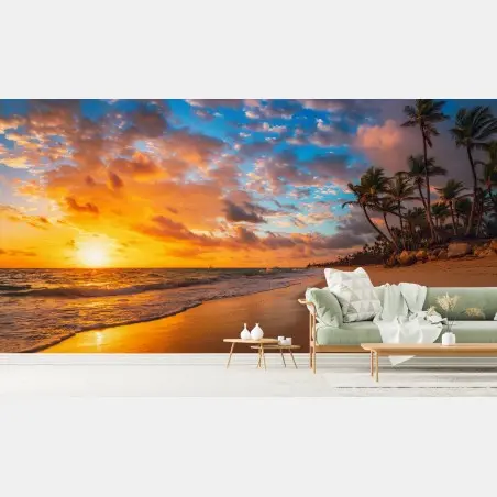 Fototapete goldener sonnenaufgang am tropischen strand – Pixers®