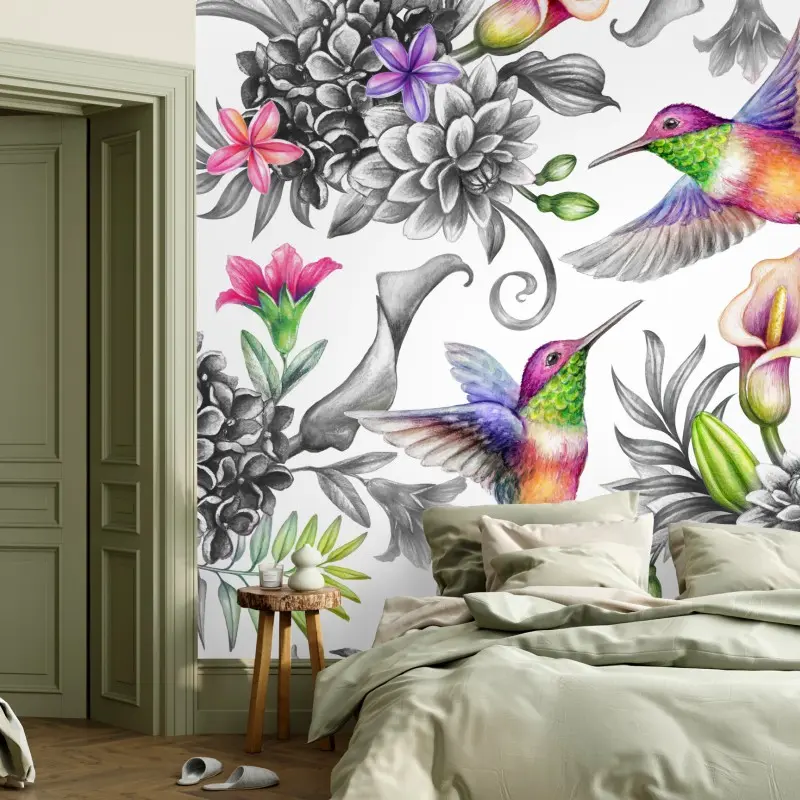 Fototapete lebhaftes tropisches blumenmuster mit kolibri