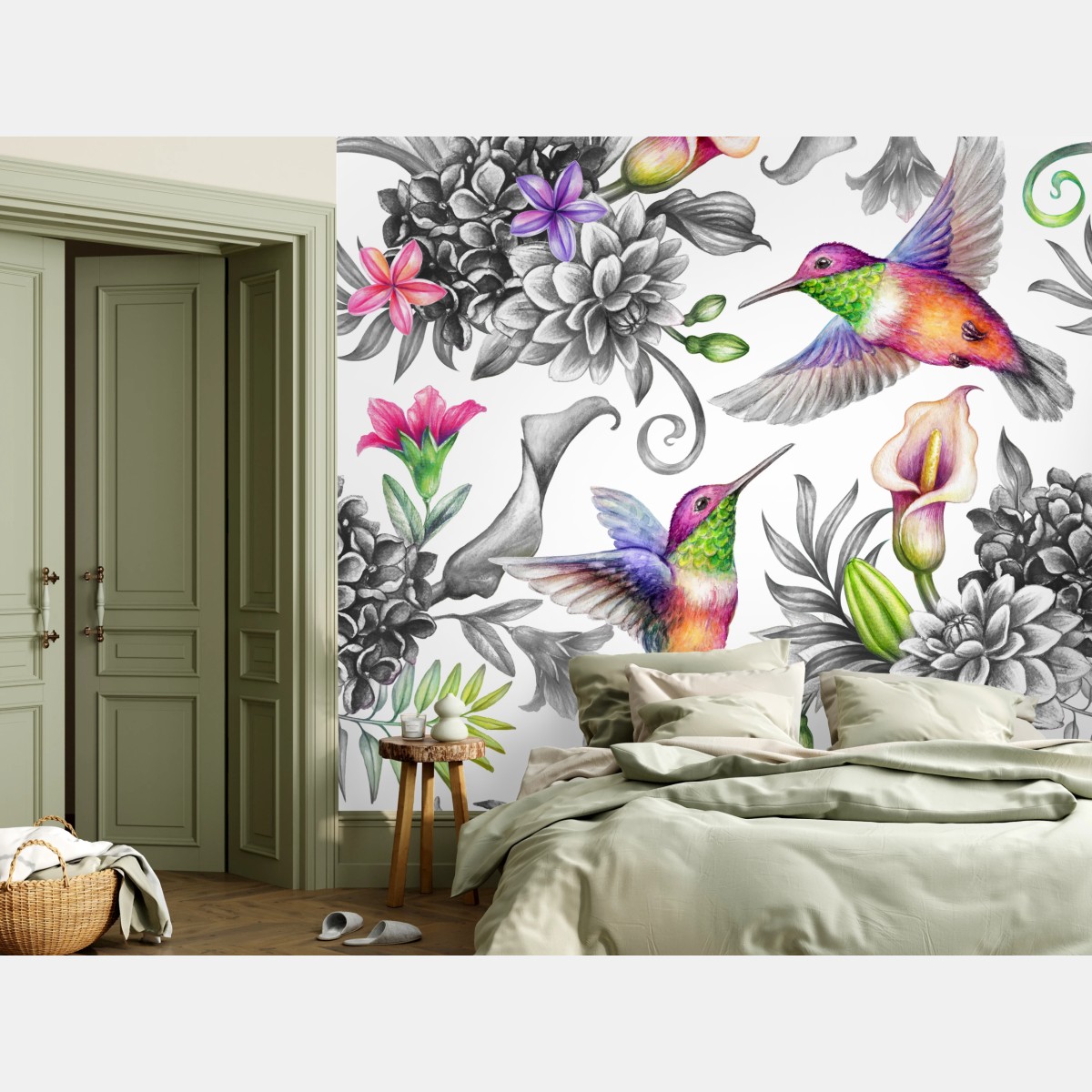 Fototapete lebhaftes tropisches blumenmuster mit kolibri – Pixers®