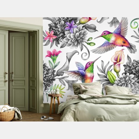 Fototapete lebhaftes tropisches blumenmuster mit kolibri – Pixers®