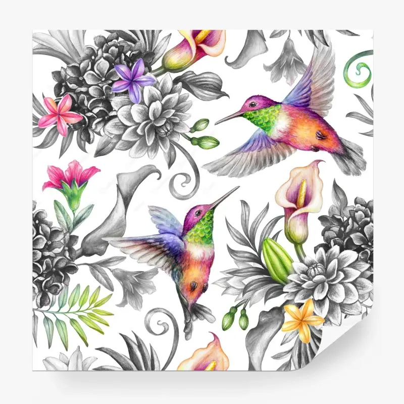 Fototapete lebhaftes tropisches blumenmuster mit kolibri