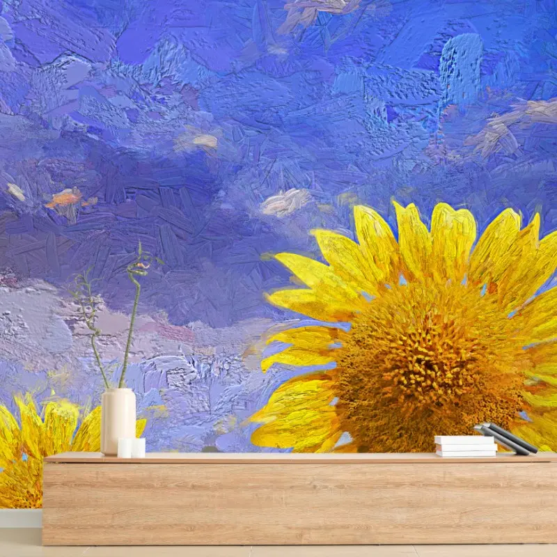 Fototapete goldenes sonnenblumenfeld unter abendhimmel