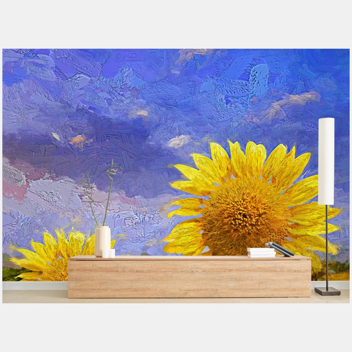 Fototapete goldenes sonnenblumenfeld unter abendhimmel – Pixers®