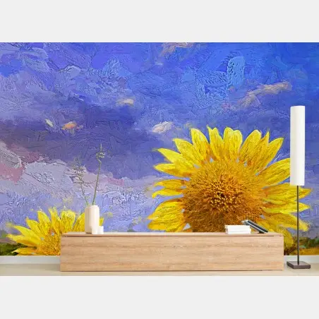 Fototapete goldenes sonnenblumenfeld unter abendhimmel – Pixers®