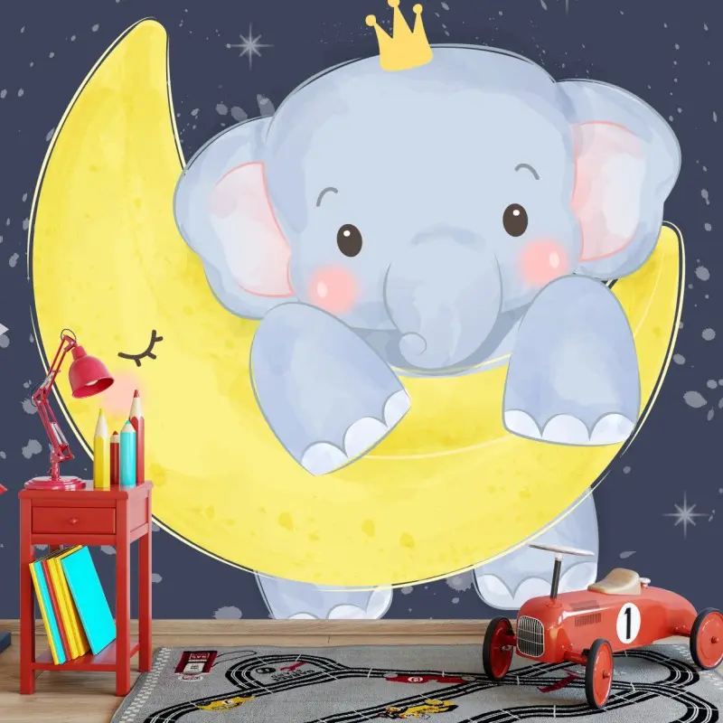 Fototapete schlafender babyelefant auf dem mond