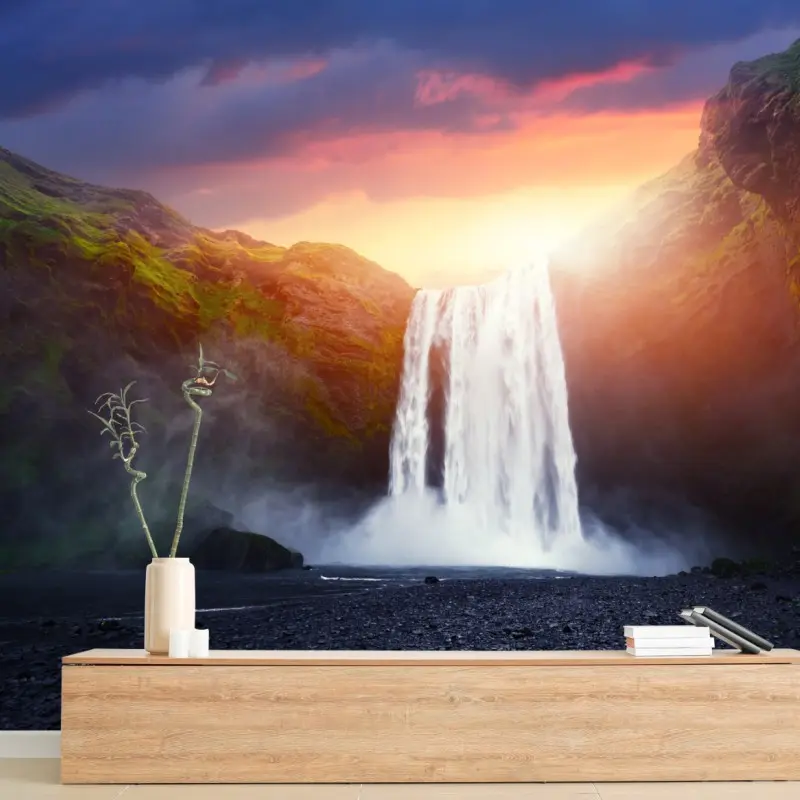 Fototapete sonnenuntergang am wasserfall