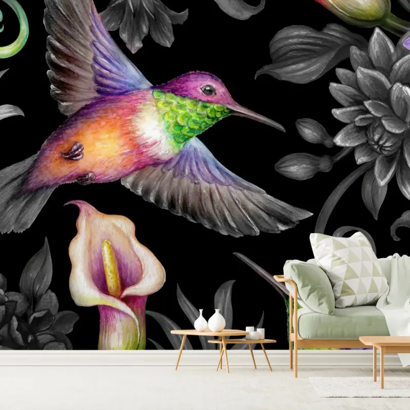 Fototapete tropische kolibris auf schwarzem blumenmuster
