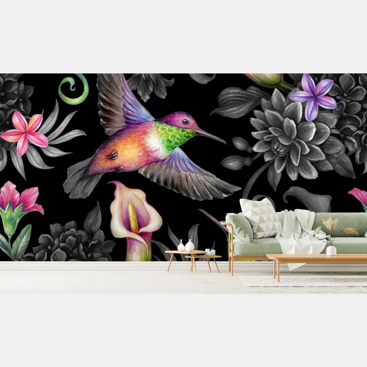 Fototapete tropische kolibris auf schwarzem blumenmuster – Pixers®