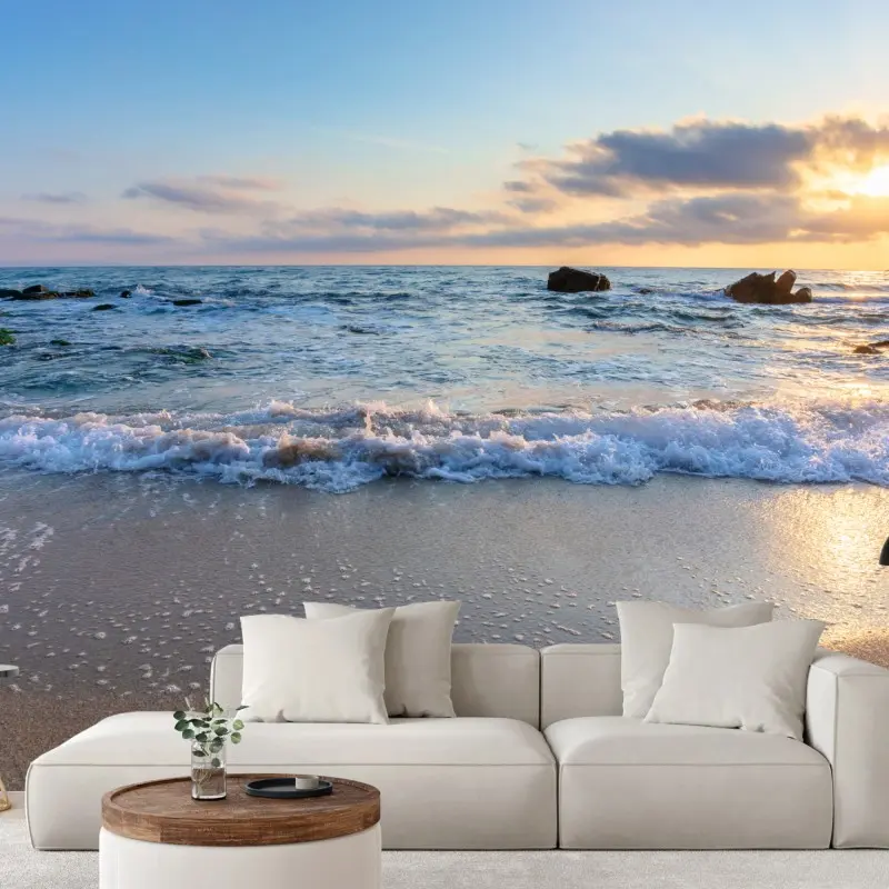 Fototapete ruhiger sonnenaufgang am felsigen strand