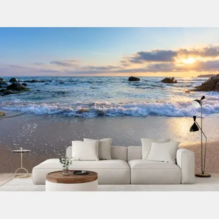 Fototapete ruhiger sonnenaufgang am felsigen strand – Pixers®