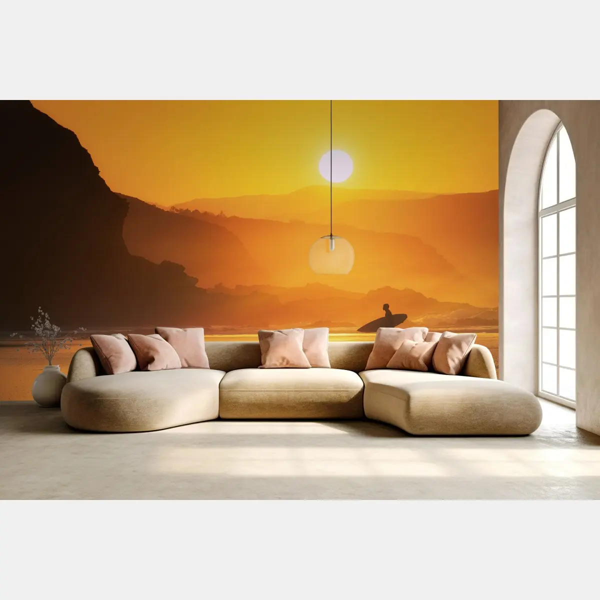 Fototapete goldener sonnenuntergang am strand mit surfer – Pixers®