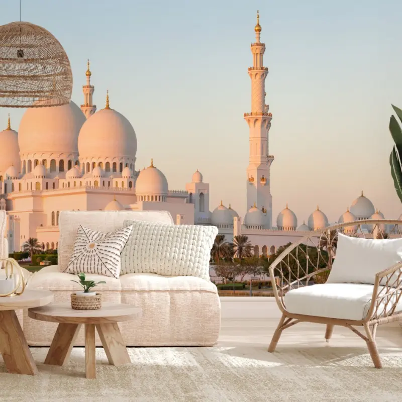 Fototapete weiße moschee mit kuppeln und minaretten bei sonnenuntergang