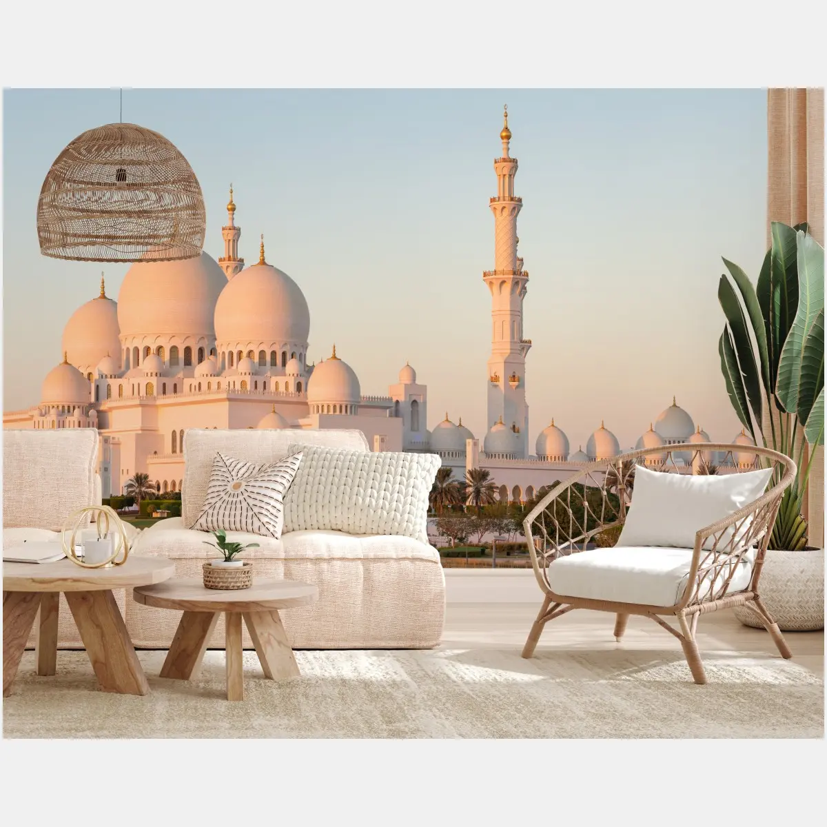Fototapete weiße moschee mit kuppeln und minaretten bei sonnenuntergang – Pixers®
