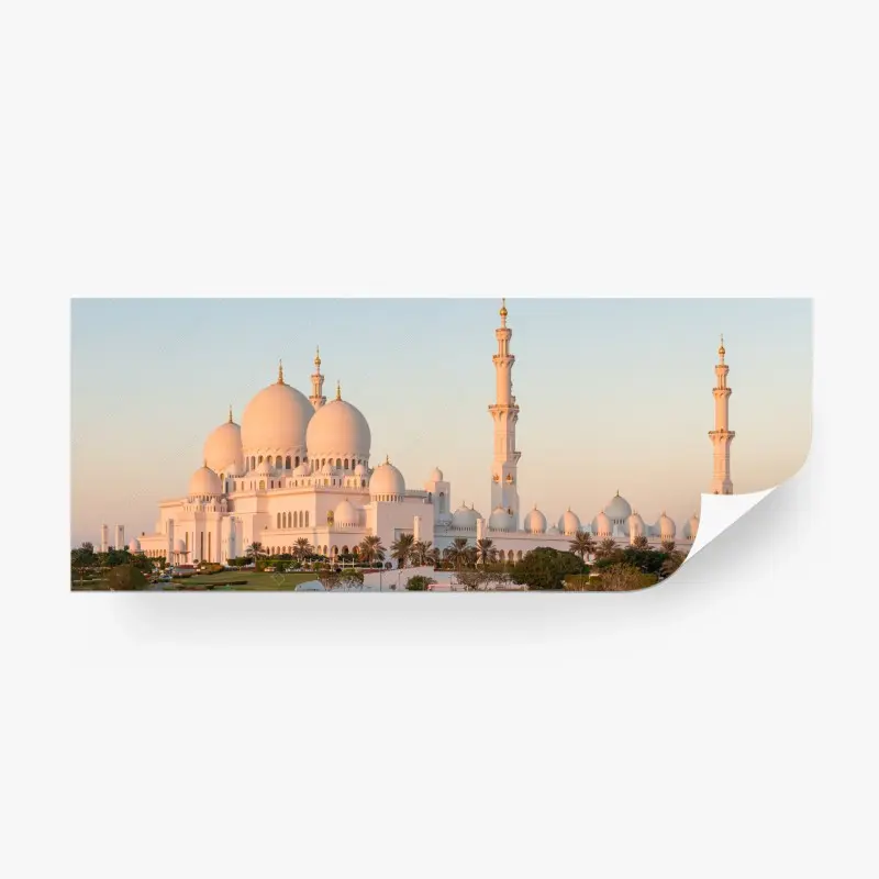 Fototapete weiße moschee mit kuppeln und minaretten bei sonnenuntergang