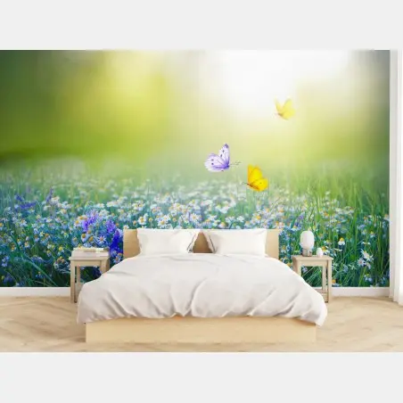 Fototapete sonnige wiese mit gänseblümchen und schmetterlingen – Pixers®