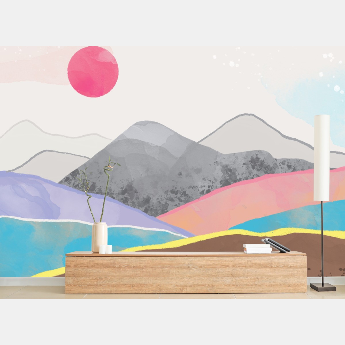 Fototapete pastell aquarell berglandschaft mit rosa sonne – Pixers®